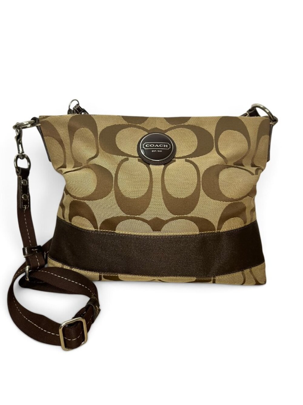 Coach Signature Khaki & Brown Crossbody Bag With Adjustable Strap & Zip Closure